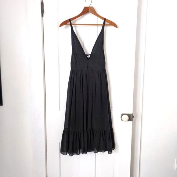 J. Crew Black Silk Deep V Dress with Ruffle - Picture 3 of 14